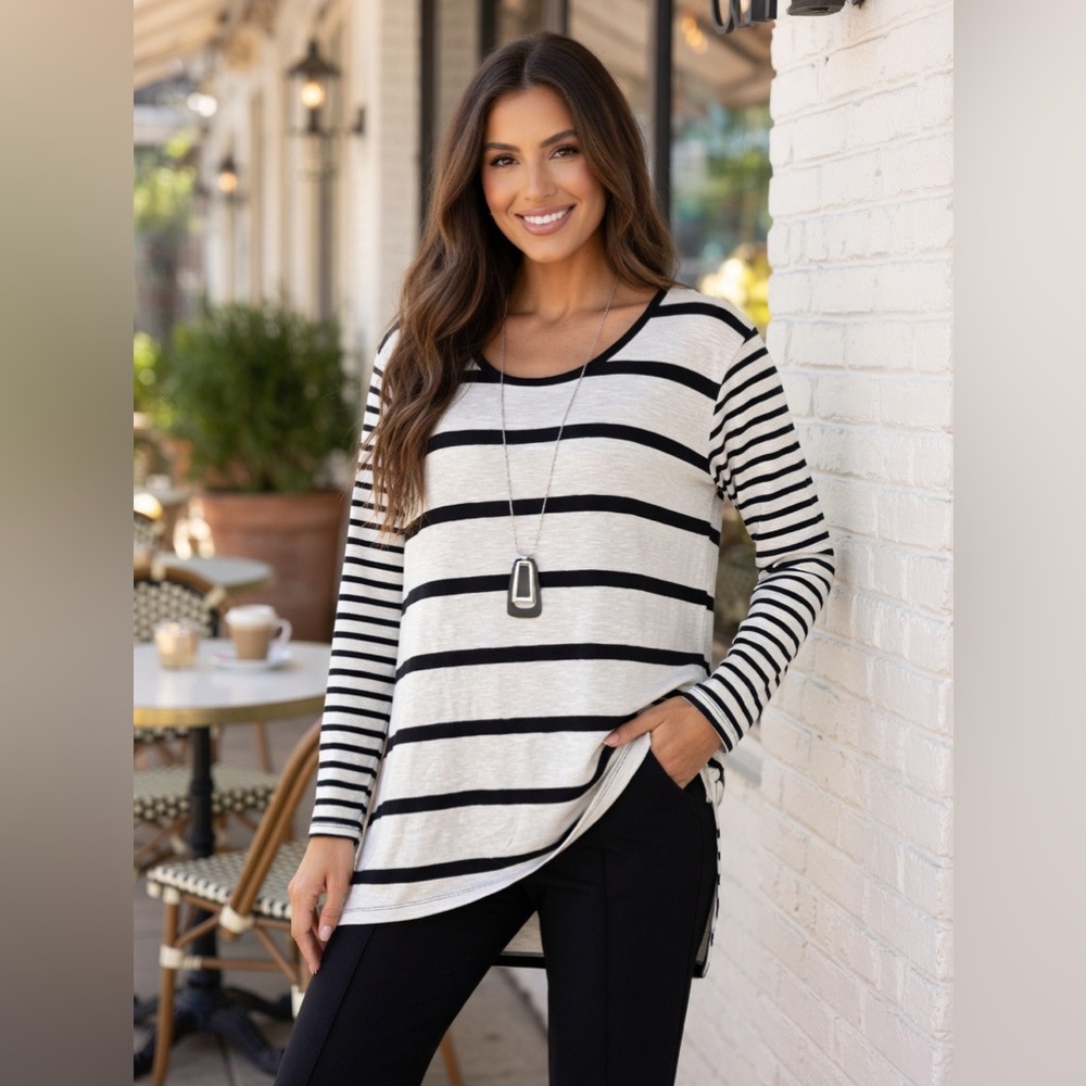 Cato Black and White Striped Long Sleeve Top